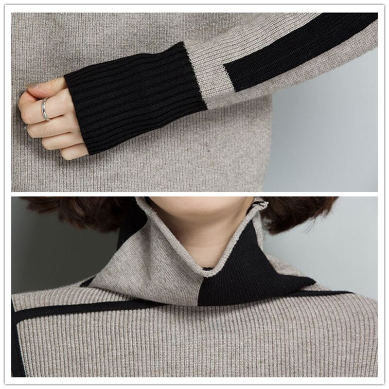Vrouwen Geel Coltrui Winter Patchwork Trui Lange Mouw Gebreide Warme Dikke Truien En Pullovers Vrouwelijke Jumper Tricot Tops