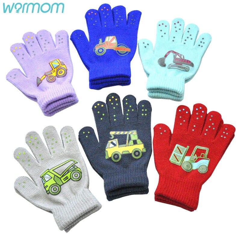 Warmom 6-12Y Children Winter Cold And Warm Outdoor Sports Knitted Gloves Small Engineering Vehicle Pattern Printing Gloves