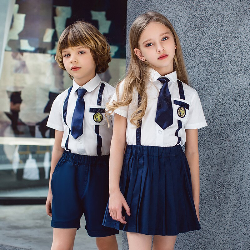 Uniformes escolares japoneses coreanos de algodón para niños y niñas, camiseta blanca, Falda plisada azul marino, pantalones cortos, conjuntos de trajes para estudiantes