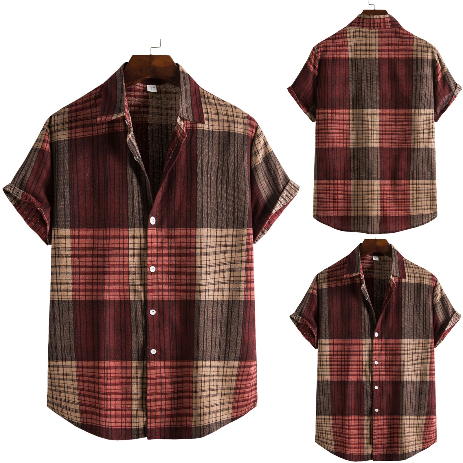 Men's Summer Casual Shirts, Short-sleeved Lapels, Men's Tops, Comfortable And Loose Checkered Print All-match Men's Shirt#g30