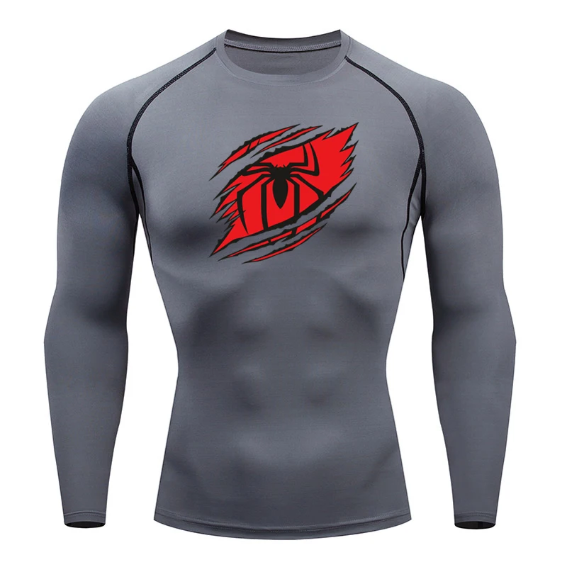 Y2K GYM Compression Tshirts Sport Workout Spider Print T-shirts Mens Running Fitness Tight Long Sleeve Sportswear Top Tee