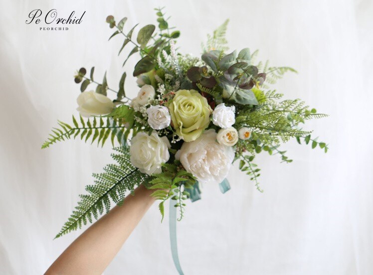 PEORCHID Boho Stijl Strand Bruiloft Bloemen Voor Bruid Boeket Kunstmatige Groene Eucalyptus Nep Boeket Bridal Decoratie
