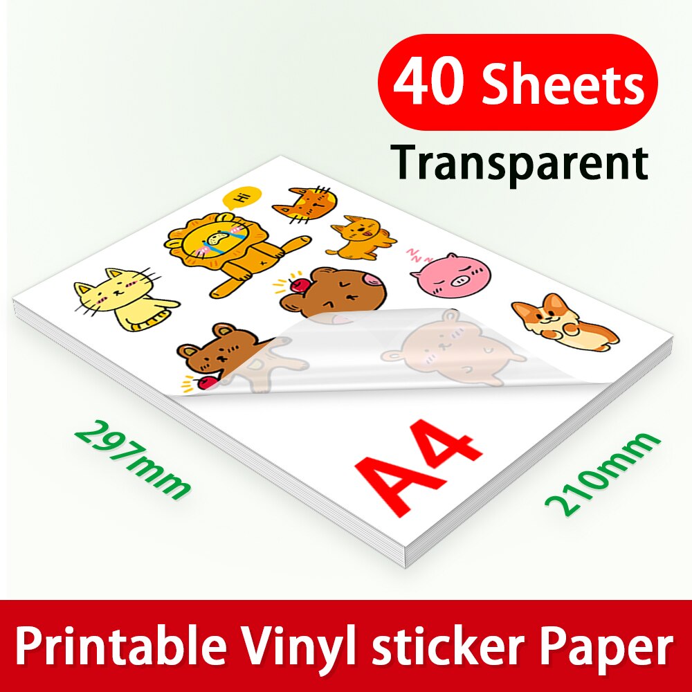 50 blätter A4 transparent Druckbare Vinyl Aufkleber Papier Wasserdicht Weiß Holographische Vinyl Etikett Aufkleber für Alle Inkjet Drucker: 40-transparent