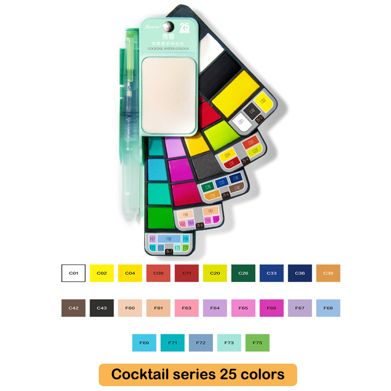Superior 18/25/33/42- farvet ensfarvet vandfarve-malingssæt med sammenklappelig pensel bærbart akvarelpigment til kunstartikler: Grøn 25 farver