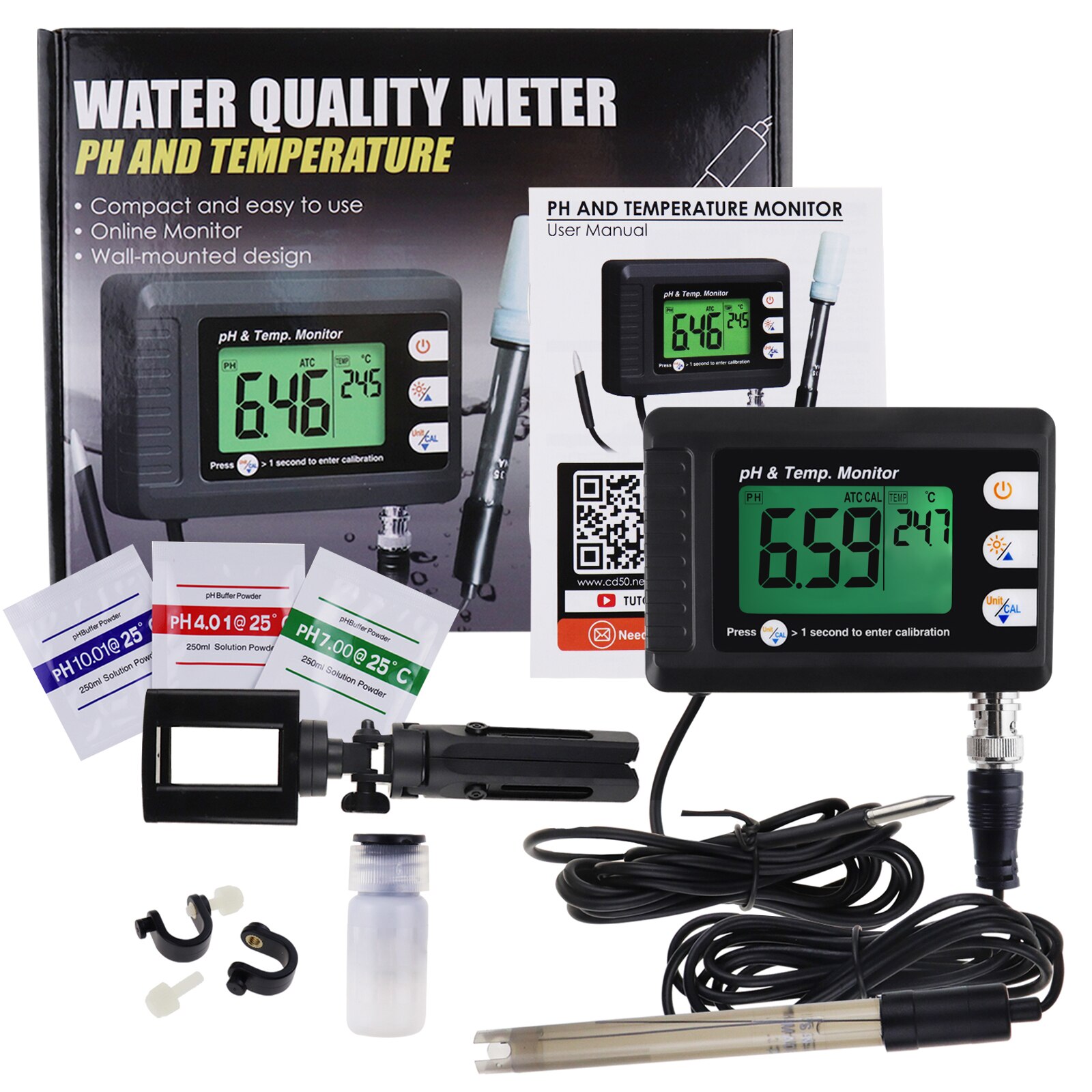 2-In-1 Combo Ph & Temperatuur Meter Aquarium Monitor Thermometer Voor Aquaria Laboratorium W/Vervangbare bnc Ph Elektrode: with tripod