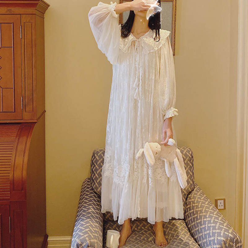 Bata de encaje bordado para mujer, vestido de noche largo de malla blanca de Hada, camisones victorianos Vintage, ropa de dormir de princesa