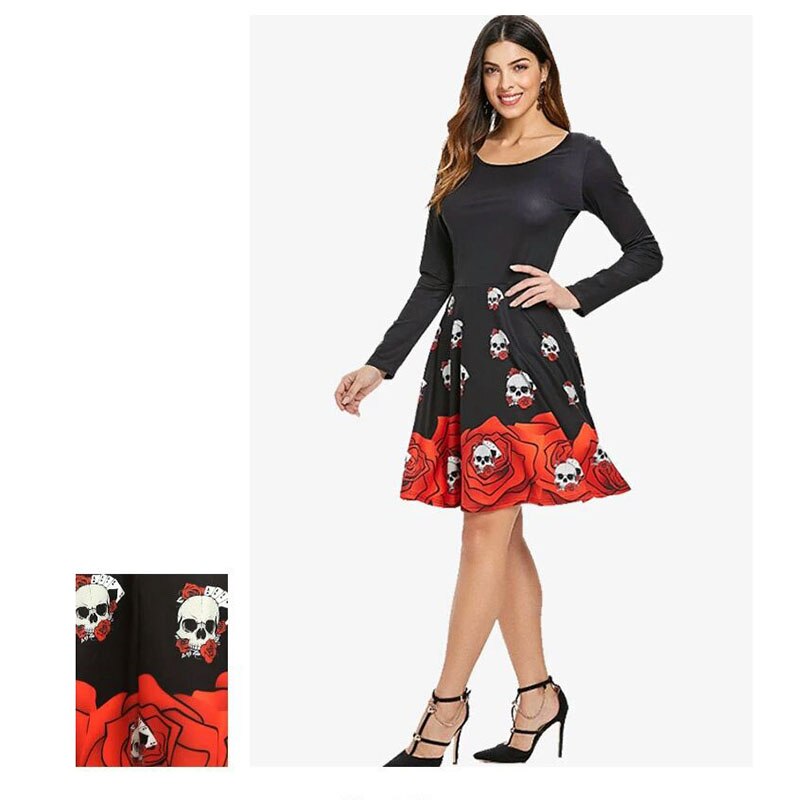 Volwassen Lente Herfst Halloween Dress Kostuum Voor Vrouwen Kerst Mode Schedel Rose 3D Print Lange Mouw Jurk Vrouwelijke Dames 2XL