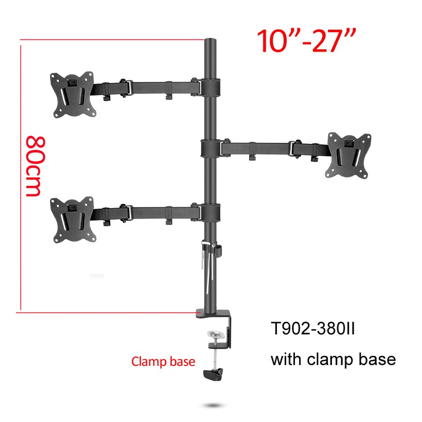 (80cm) DL-T902-380II Full Motion three Monitor desktop stand Holder 10"-27" clamp grommet hole base PC Mount foldable Arm 12kg: DL-T902-380II
