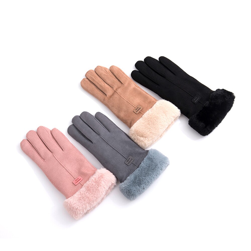 Female Winter Lace Warm Cashmere Cute Mittens Suede Leather Double Thicken Plush Full Finger Wrist Touch Screen Driving Gloves