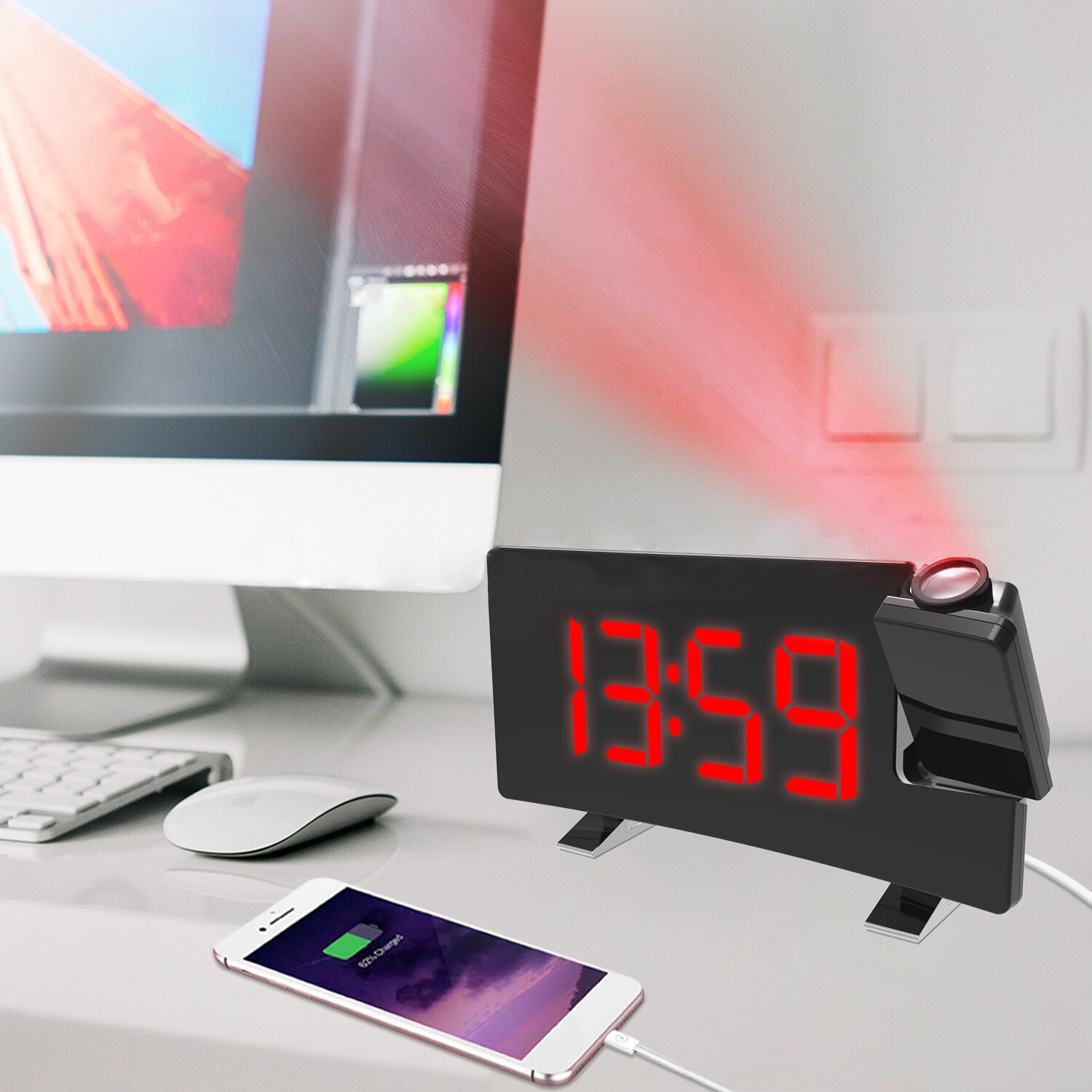 7 inch Alarm Clock Timer FM Radio Digital LED Clock Rotating Backlight Projector USB Charging Projection Backlight Home Decor: Red