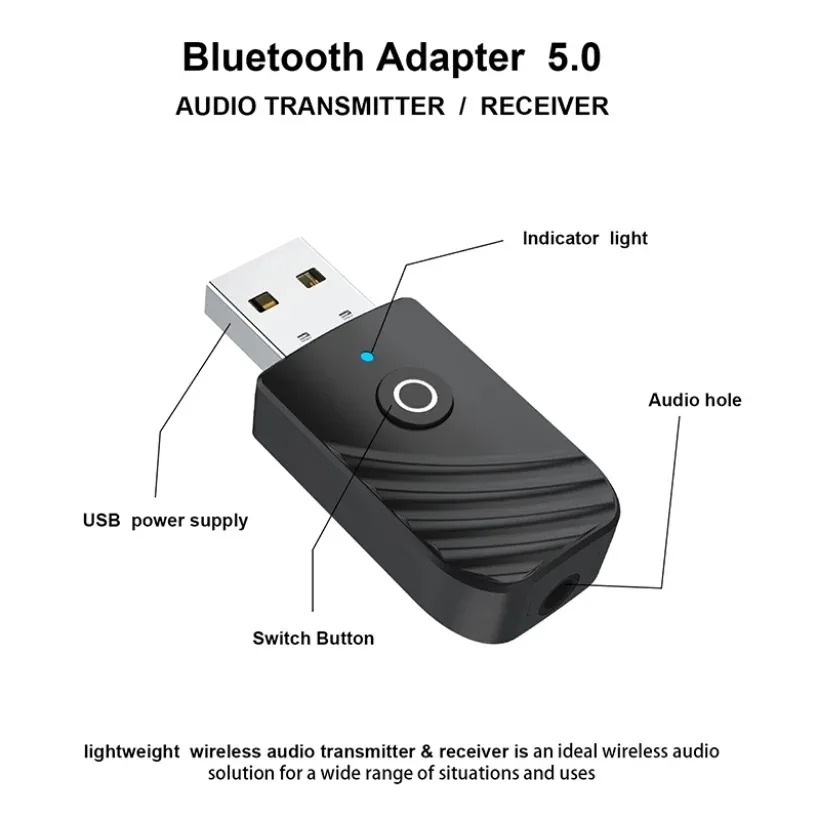 MnnWuu-USB 3 em 1 adaptador Bluetooth 5.0, receptor de áudio, transmissor, 3,5mm AUX, estéreo, TV, PC, computador, acessórios do carro