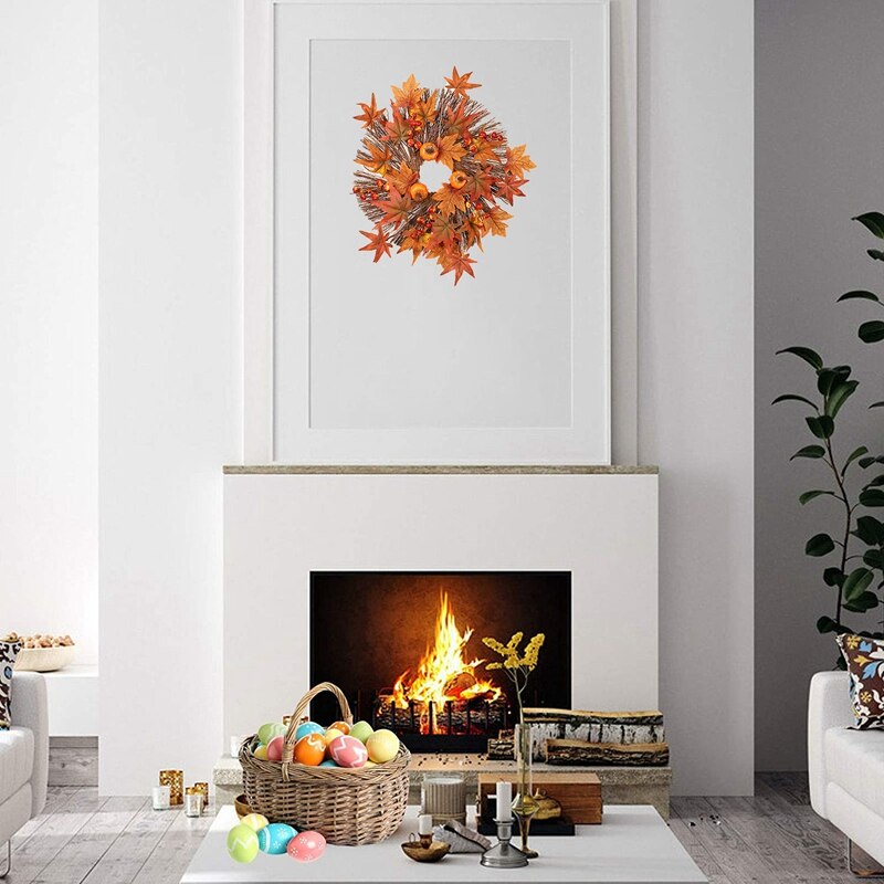 Artificial Fall Wreath, Autumn Wreath With Maple Leaves Pumpkin And Berries, For Front Door Thanksgiving Decoration