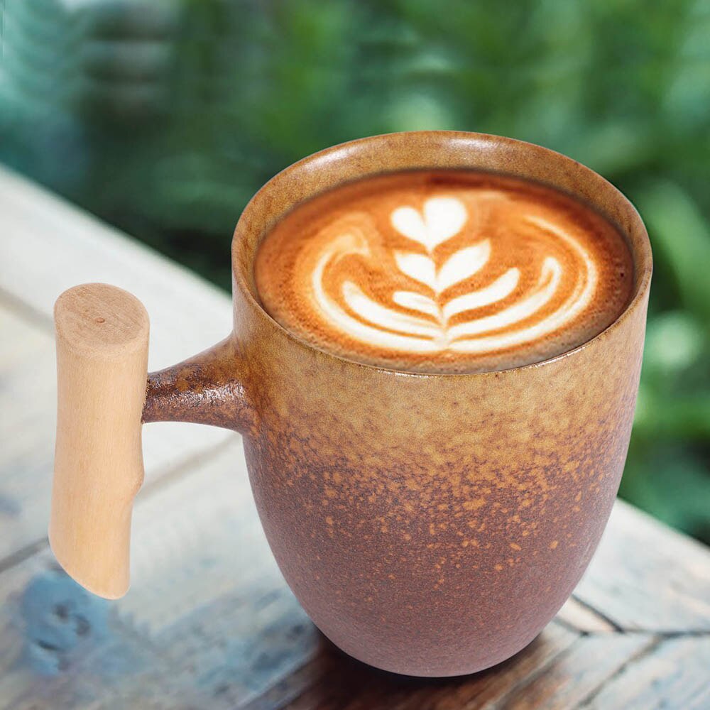 Japanese-Style Vintage Ceramic Coffee Mug Coarse Pottery Kiln Retro Water Cup Tea Milk Beer Mug With Wood Handle Home Office