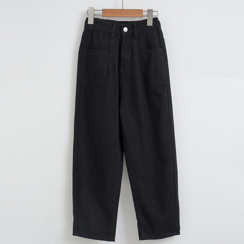 Chicas adolescentes Beige recto Jeans Otoño Invierno cintura alta cintura elástica pantalones Denim 10 12 13 14 15 años: black / 12