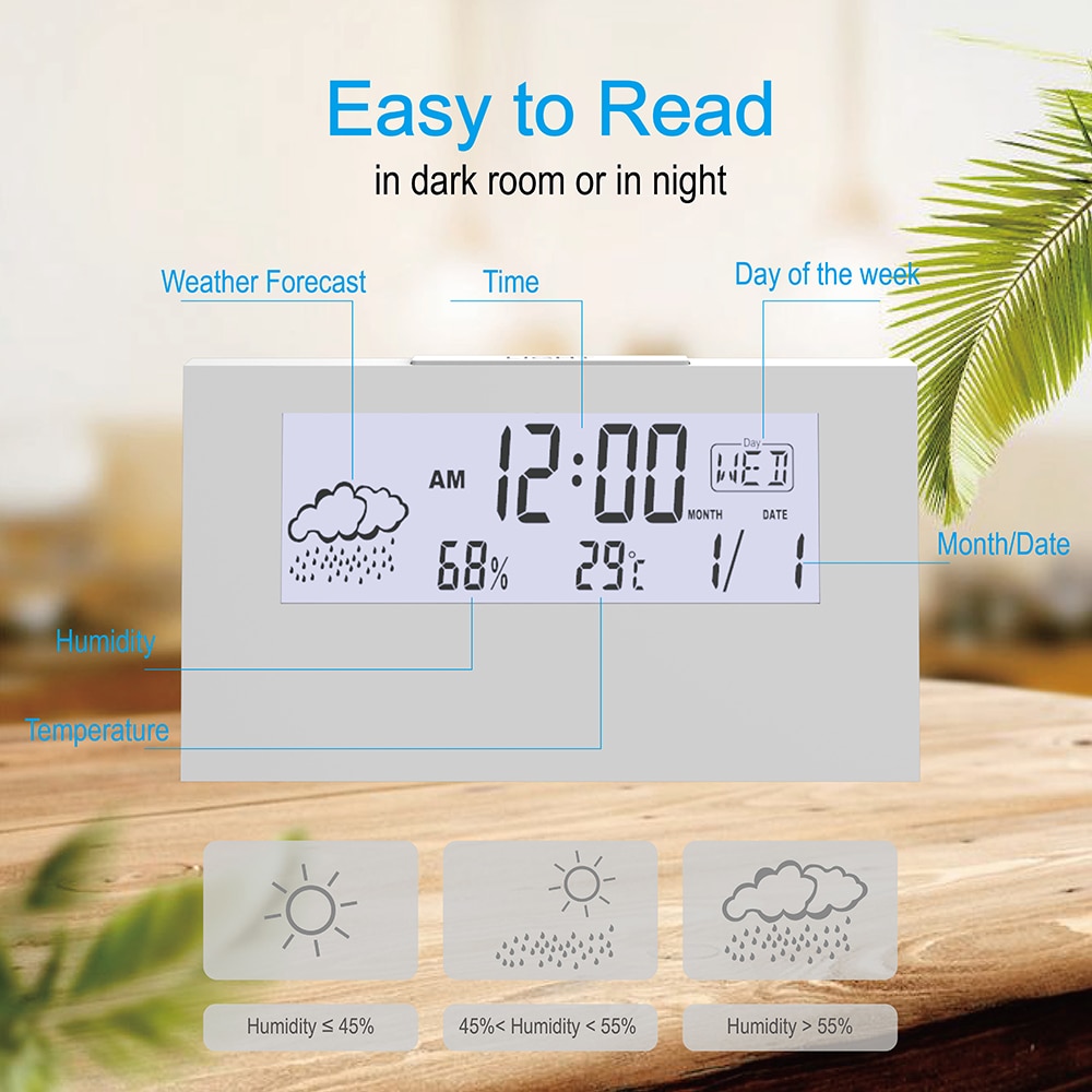 Reloj despertador eléctrico LCD de escritorio, reloj blanco con calendario y temperatura Digital, humedad, moderno, para el hogar y la Oficina, funciona con pilas