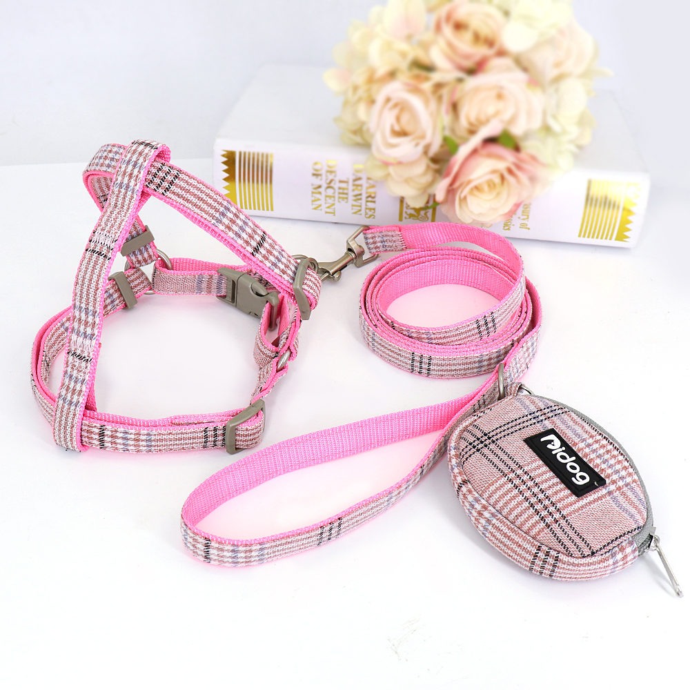 Ademend Nylon Dog Harness en Leash Set Plaid Kleine Medium Honden Harnas Huisdier Wandelen Lead Touw Met Snack Tas Voor pitbull Pug: Roze / M