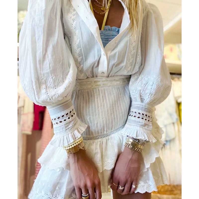 BOHO natchniony warstwowa mini biała sukienka dla kobiet z długim rękawem  seksowna sukienka na imprezę bawełniane guziki potargane letnia sukienka  nowa sukienka boho – Grandado
