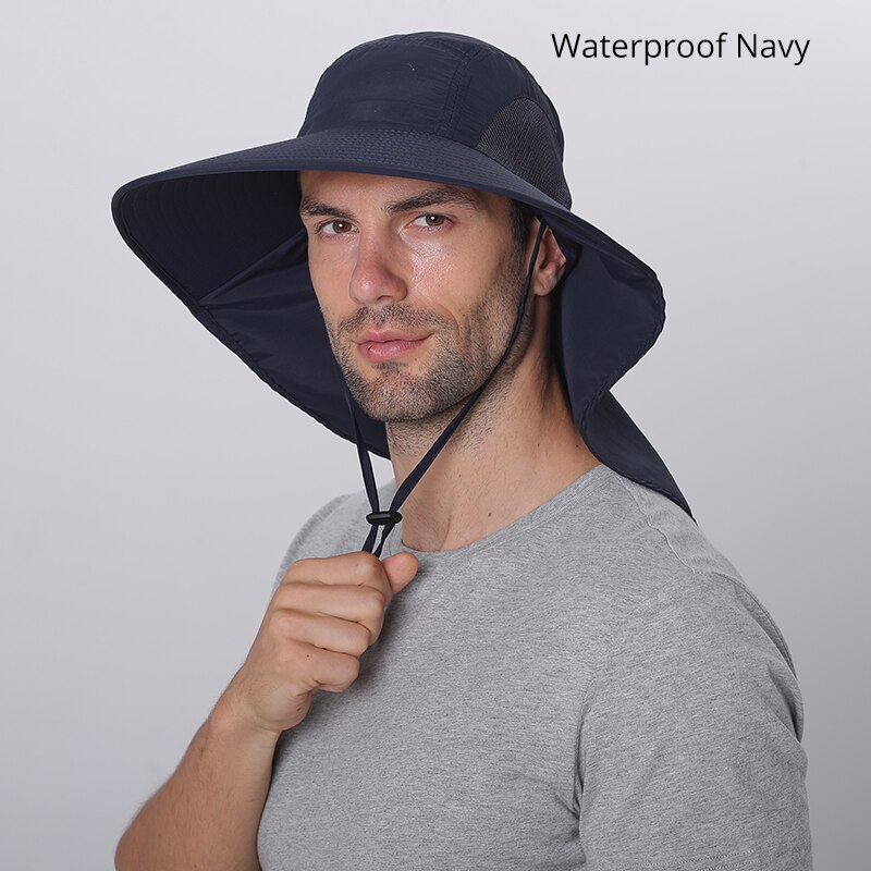 Camolad herre spand hatte med nakke flap sommer sol hat til kvinder lang bred randen fiskeri hætter udendørs uv beskyttelse vandreture hat: Vandtæt marineblå