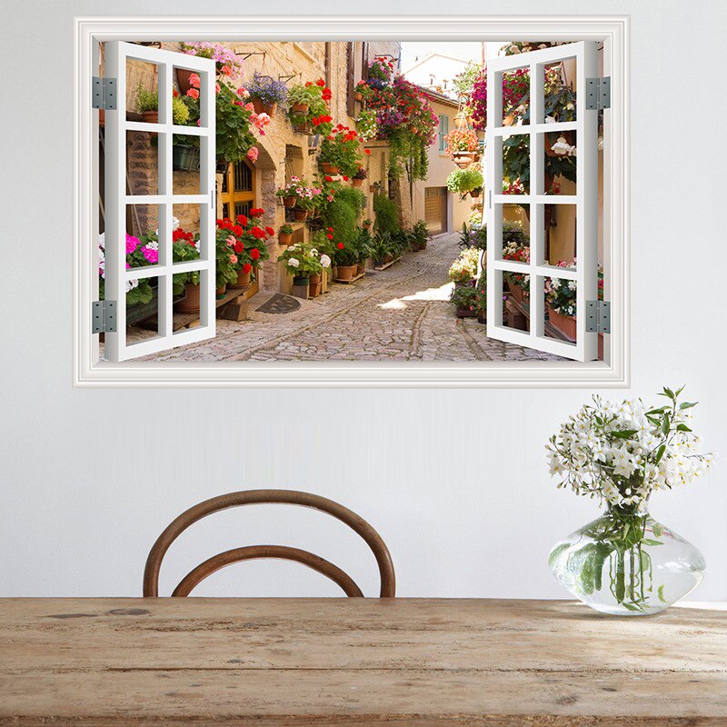 Nature Landscape Flowers 3D Window Art Wall Decal Waterproof Removable Wallpaper Scenery Mural Sticker Home Decor Poster