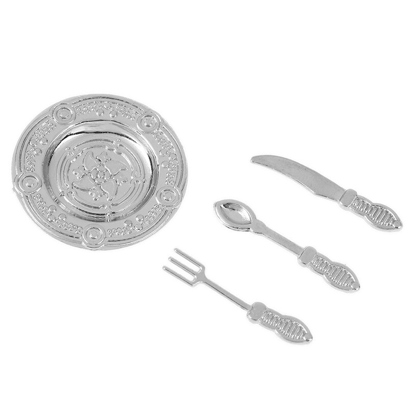 4 Pz/impostato 1:12 miniatura Vintage ▾ Argenteria impostato Coltello Cucchiaio Forchetta E Piatto Posate Casa di Bambola Accessori per la Cucina