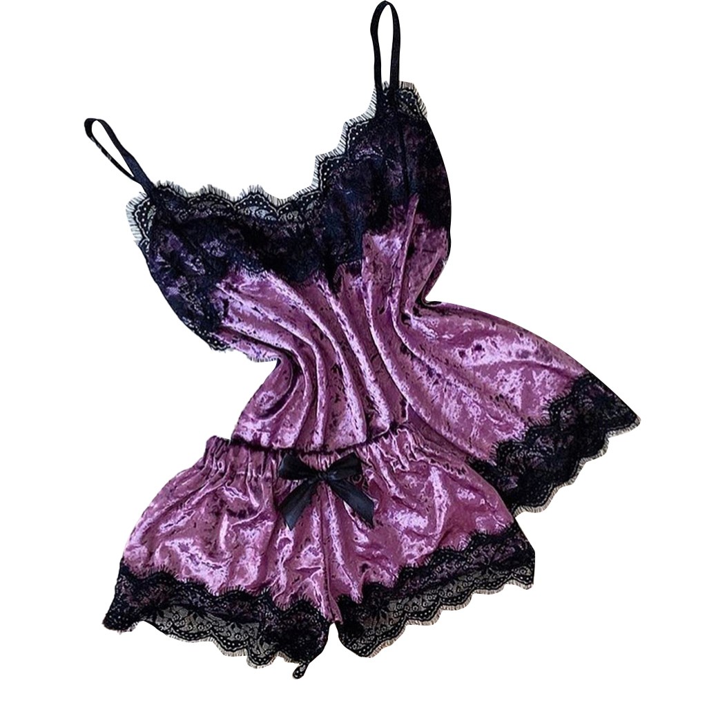 Sommarpyjamas kvinnor sammet rosett sovplagg ärmlös rem nattplagg spetskant cami topp pyjamas set femme sexiga underkläder: L / Lila