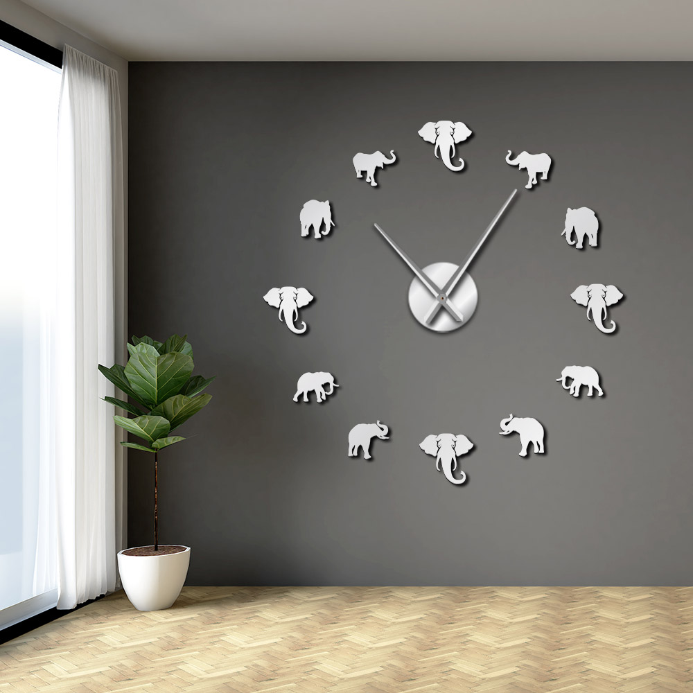 Horloge murale en forme d&#39;animaux de la Jungle et d&#39;éléphant, grand format, moderne, effet miroir, géante, sans cadre, décoration de maison, DIY bricolage