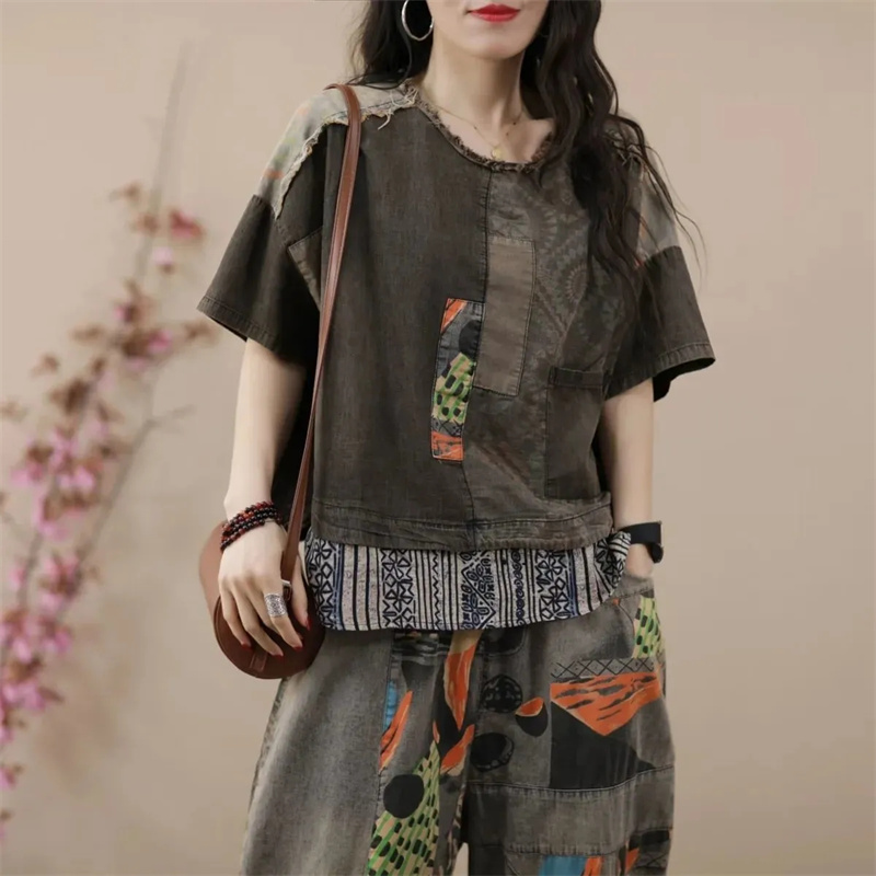 Conjunto de calças jeans Harlan de mulher, coreano, estilo étnico, pequeno, casual, roupa de alta qualidade, estampada, feminina, verão, novo, 2024