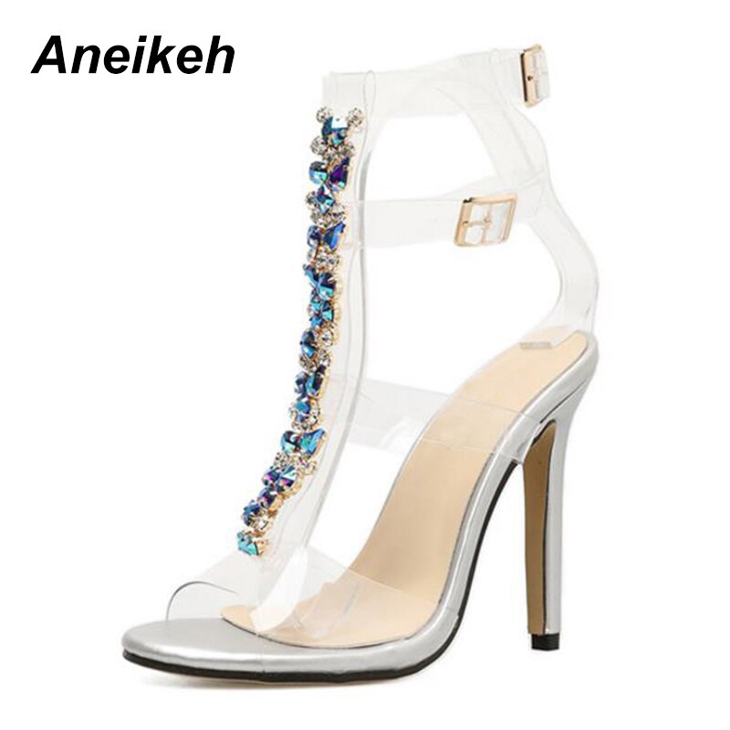 Aneikeh Zilveren vrouwen Sandalen Sexy PVC Transparant Gladiator Sandalen Vrouw Open Teen T-strap Strass Hoge hak Schoen: 5