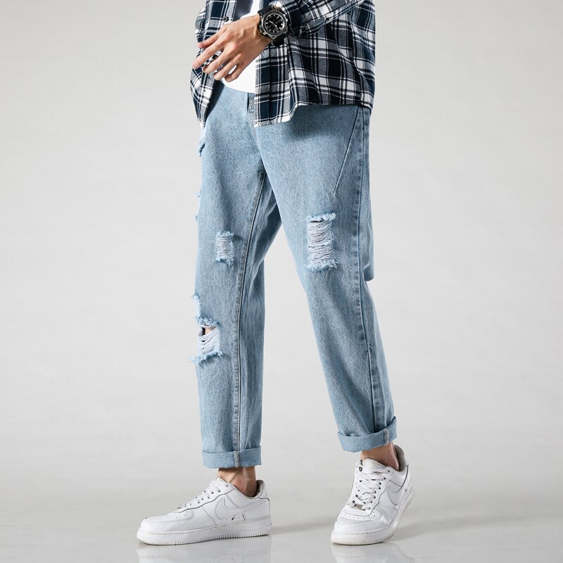 Primavera proprietà nuovi jeans strappati da uomo jeans alla caviglia moda dritto giapponese casuale harem denim pantaloni pantaloni corti maschili