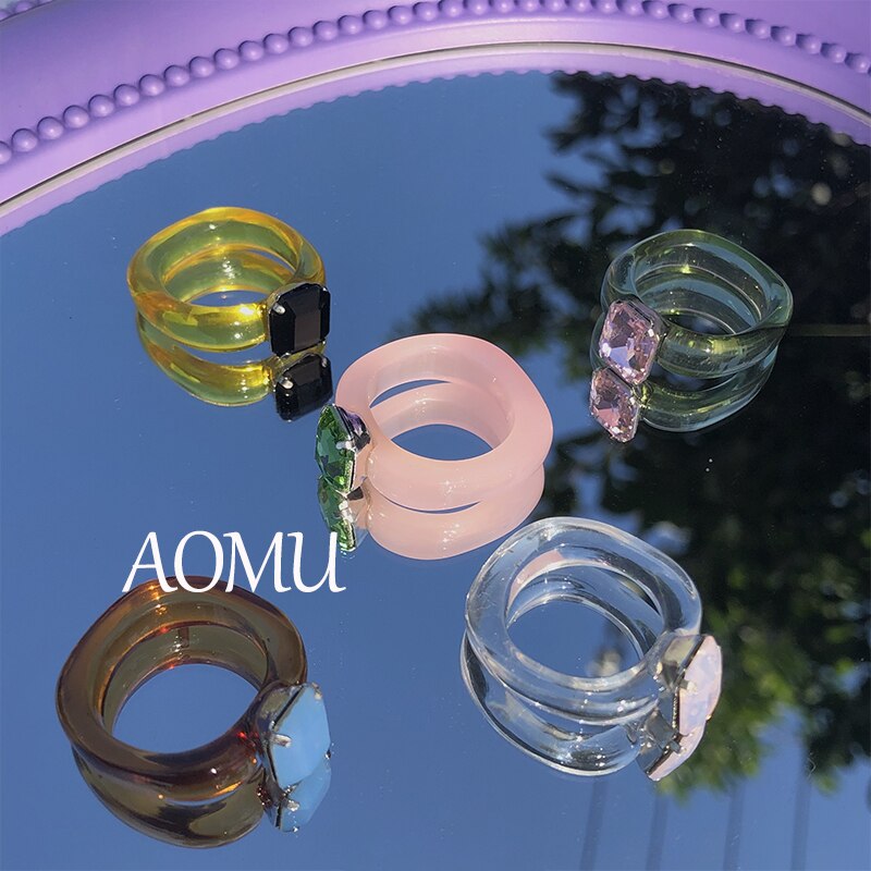 Aomu färgglada transparenta kristallringar geometriska glasade glasringar för kvinnor tjejer korea ring smycken