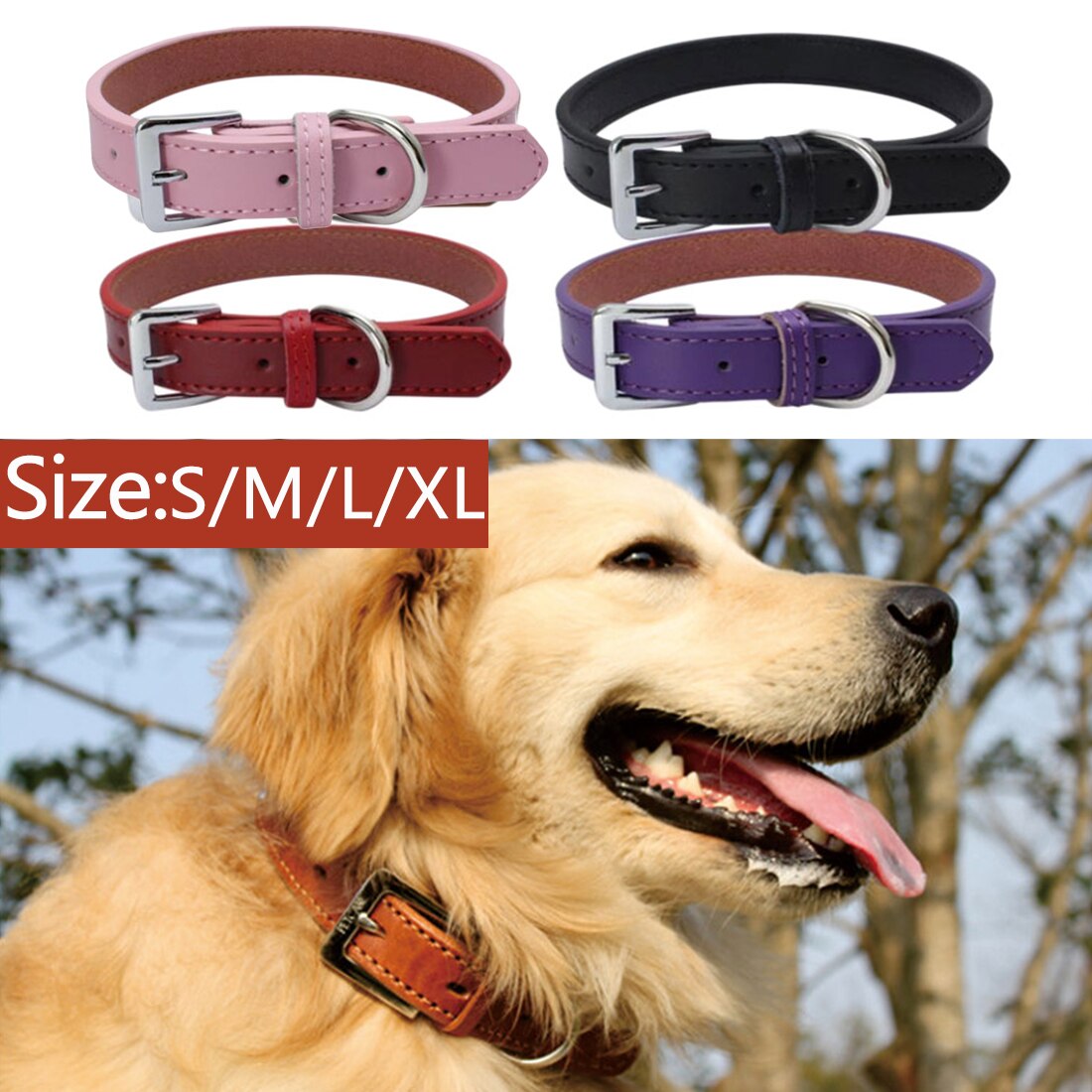 Kleurrijke hondenhalsband van pu-leer, verstelbaar, effen roze kattenhalsband, geschikt voor kleine, middelgrote en grote honden (maat s-xl)