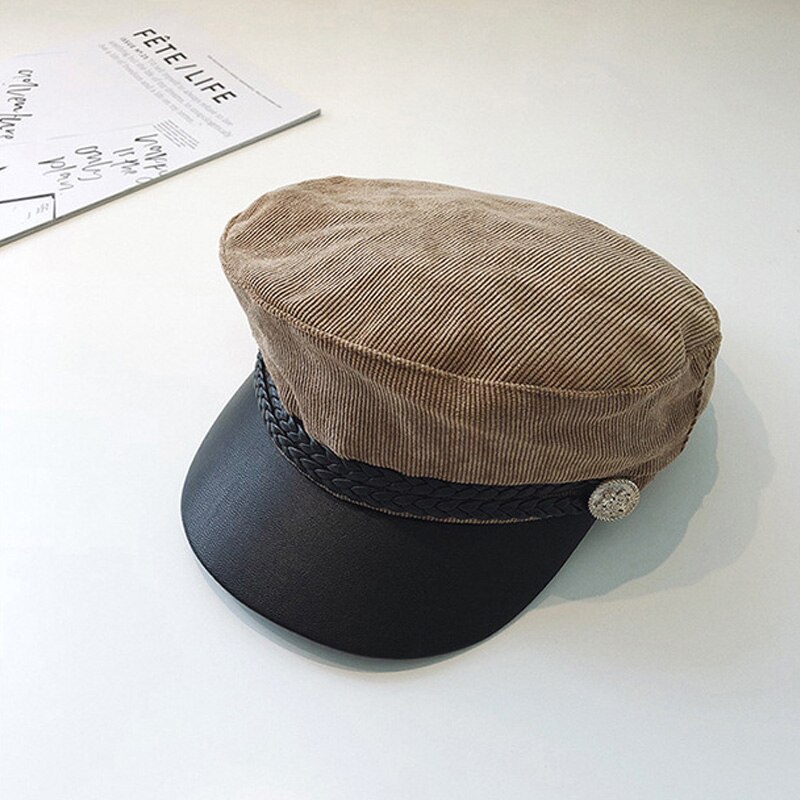 Boina femenina Primavera Verano Inglaterra sección fina japonesa versión coreana de la marea color sólido retro sombrero de periódico: Caqui