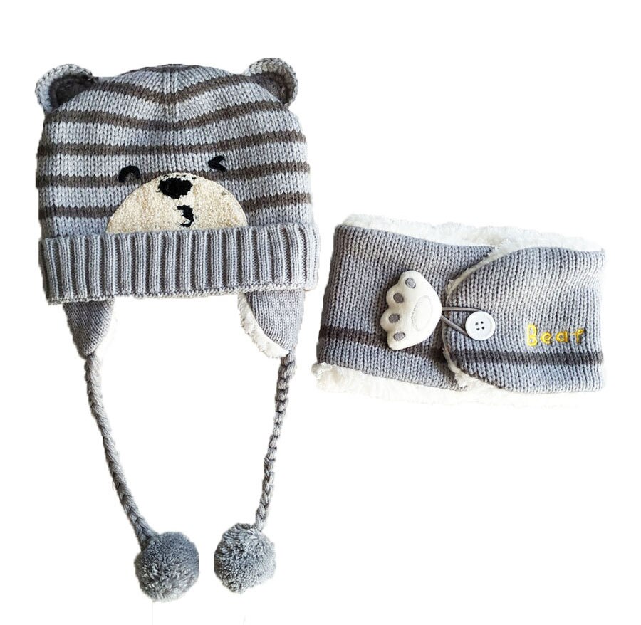 Gorro de invierno para niña, conjunto de bufandas para niños, niños, dibujos animados, oso, rayas, gorro de punto, gorro y bufandas con botón, traje cálido: Gris
