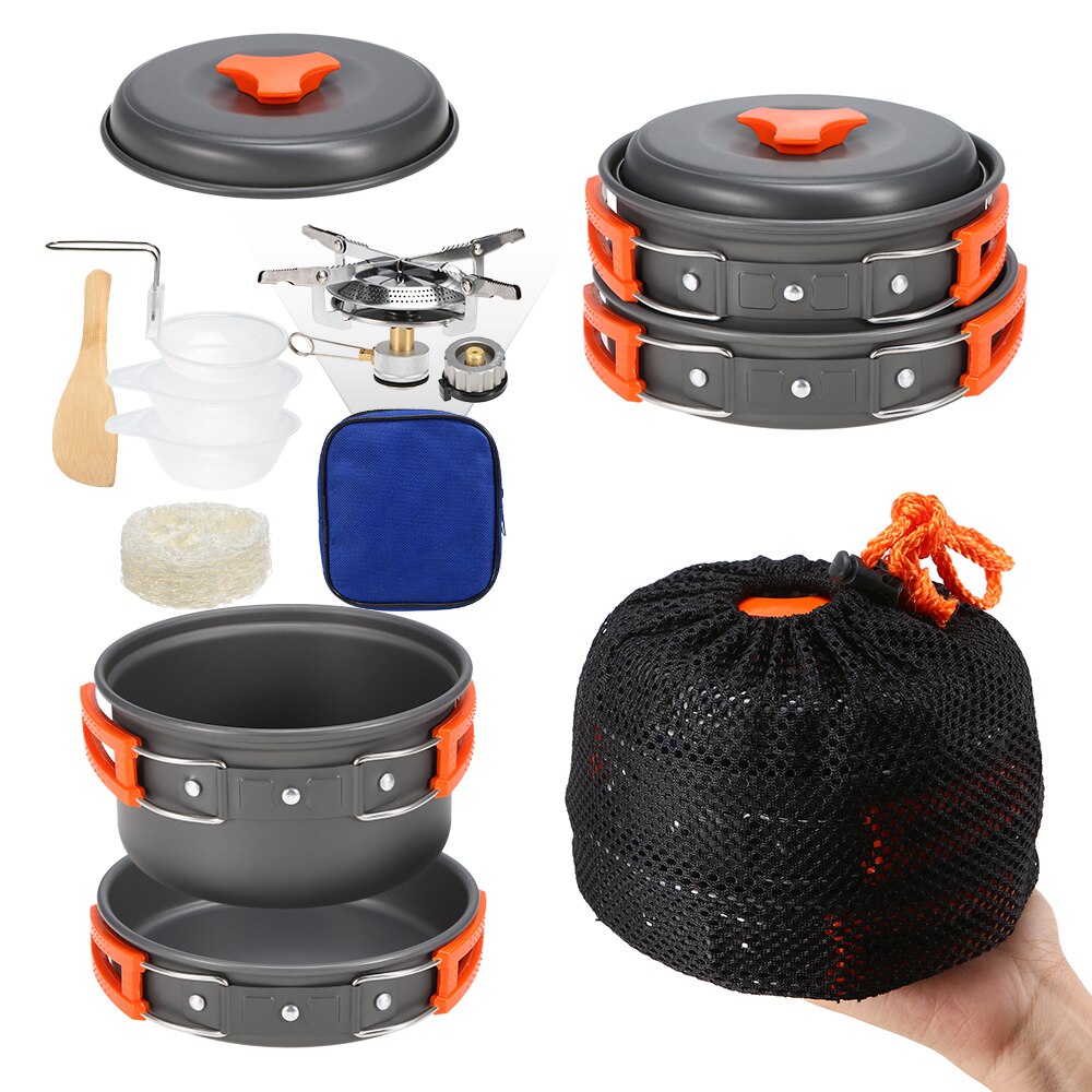 Lightweight Aluminum Outdoor Stove Pot Pan Plastic Bowel Outdoor Cookware Set for Backpacking Camping Picnic 2-3 People