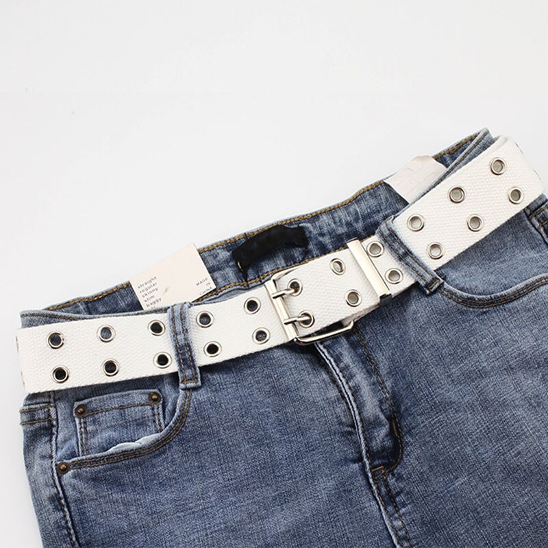 Unisex lærredsbælte til kvinder harajuku dobbelt række hul pin spænde gennemføring jeans mænd bælter kvindelig mandlig talje 427: Hvid