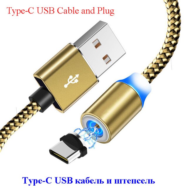 Cable magnético Micro Usb tipo C, carga súper rápida para teléfono iPhone y Xiaomi, luz LED, 1M: Gold With C Plug