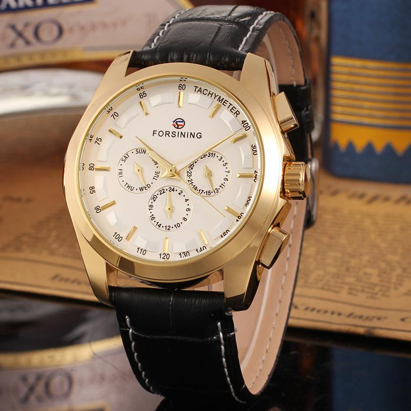 Mode Forsining Top Mannen Automatische Mechanische Horloge Mannen Goud Casual Horloges Lederen Kalender 24 Uur Klok: Yellow Gold-White