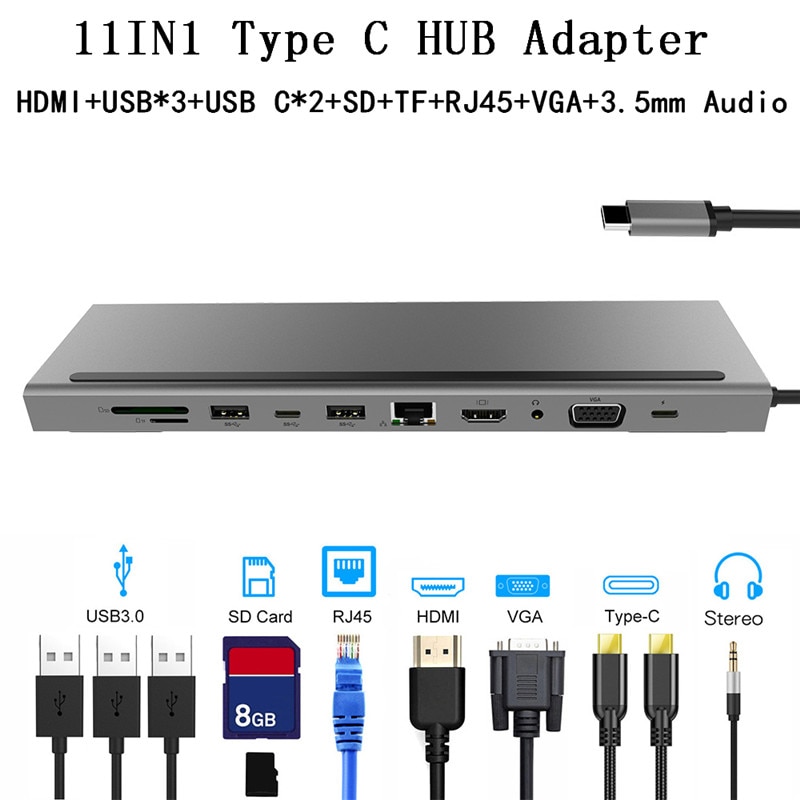 Hub Usb C Tot USB3.0 * 3 + Sd/Tf Kaartlezer + RJ45 Ethernet + Hdmi-Compatibel + Vga + Pd Opladen + 3.5Mm Audio Adapter Converter Voor Macbook
