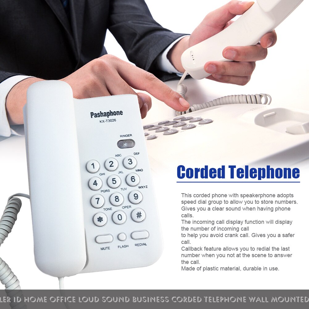 Wall Mounted Corded Telephone Home Office Business Mini Portable Hotel Loud Sound Fast Dial Landline Callback Caller ID Plastic