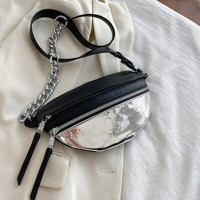 Splejsning nylon kvindelig brysttaske kæde crossbody tasker til kvinder skuldertasker lille pu læder dame taljepakke: Sølv