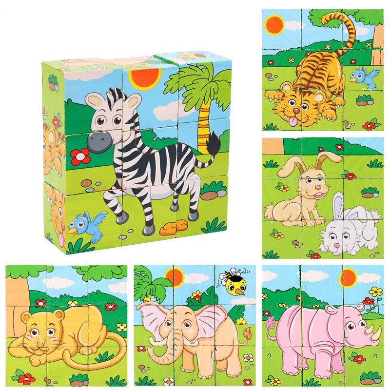 Baby Houten Blok Speelgoed Kinderen Zes Side 3D Cube Jigsaw Games Animal Fruit Verkeer Cognize Vroeg Leren Educatief Speelgoed: Forest tiger