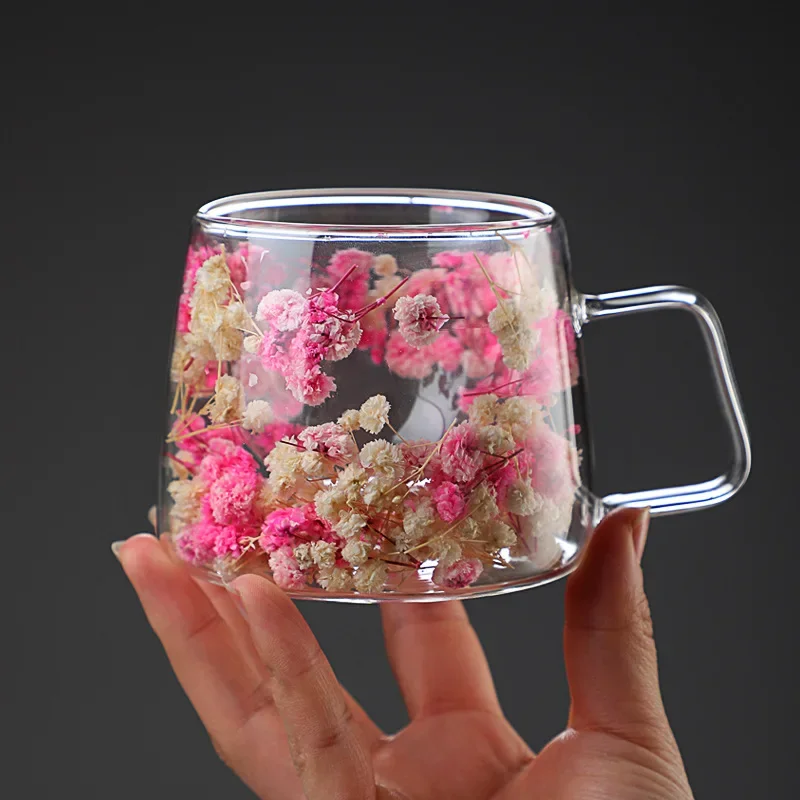 Transparent Glass Heat Insulation 200ML Coffee Cup with Handle Double Wall Dry Flowers Style High Temperature Juice Milk Mug