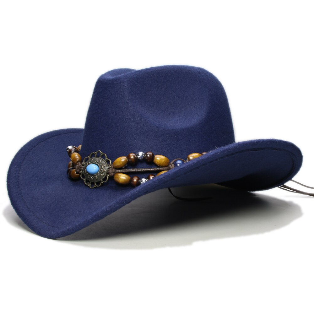 Trança de miçangas de madeira retrô, formal, turquesa, miçanga de madeira, bandunisexlã, aba larga, chapéu de vaqueiro ocidental, boné grande, 61cm: Navy