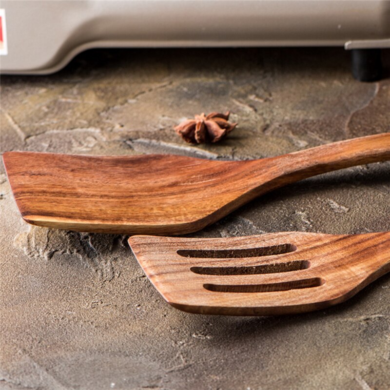 Holz Langen Griff Spachtel Küche Dreher Nicht-Stock Kochen Utensilien Holz Spachtel Geschlitzte Holz Utensilien