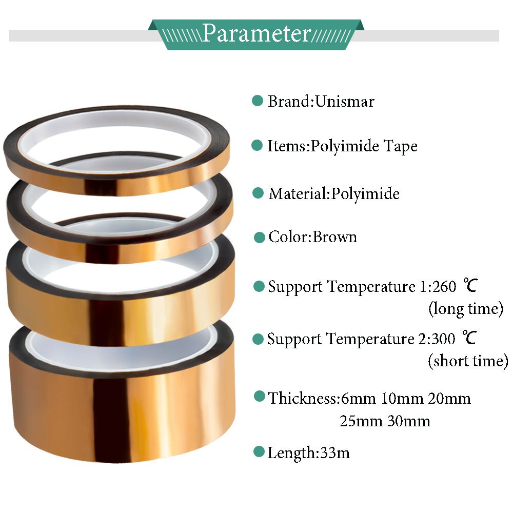 5 Roll for Kapton Tape 3D Printing Golden Finger BGA High Temperature Heat Resistant Tapes Support Temperature 260℃~300℃ 25mm