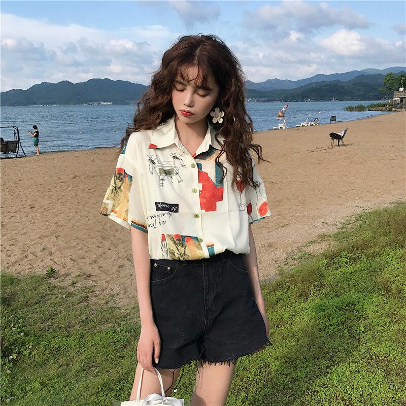 Harajuku Shirt Korte Mouw Tees Chiffon Blouse Voor Vrouwen Vrouwen Zomer Tuniek Vrouwen Hawaiian Shirt Leuke tops