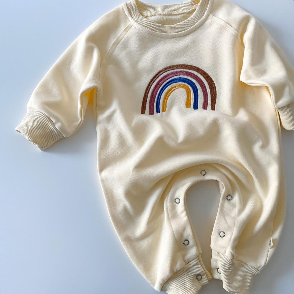 Bebê macacão bordado arco-íris macacão infantil meninas meninos roupas outono algodão bebê manga longa arco-íris macacão: C178beige / 24 m