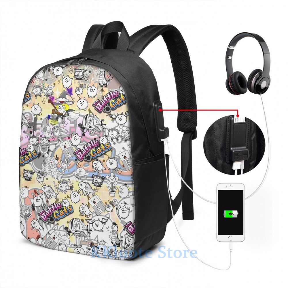 Divertido estampado gráfico Battle Cats(27) mochila con carga USB para hombres, mochilas escolares para mujeres, bolsa de viaje para ordenador portátil: USB Backpack 17 in