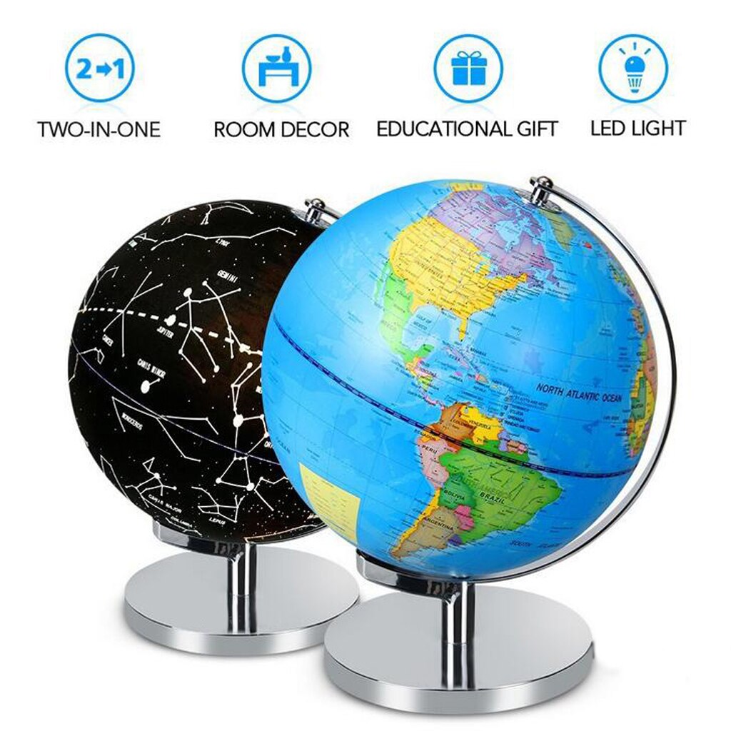 Illuminated Spinning World Globe Constellation Map Globe Night Light Lamp with Metal Stand for Bedroom Decoration
