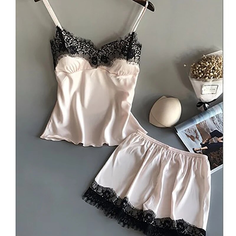 Traje de pijama para mujer, picardías de satén elástico con cuello en V, lencería Sexy de encaje, pijamas con lazo, pantalones cortos para dormir, conjunto de ropa de dormir nueva: L / Rosa